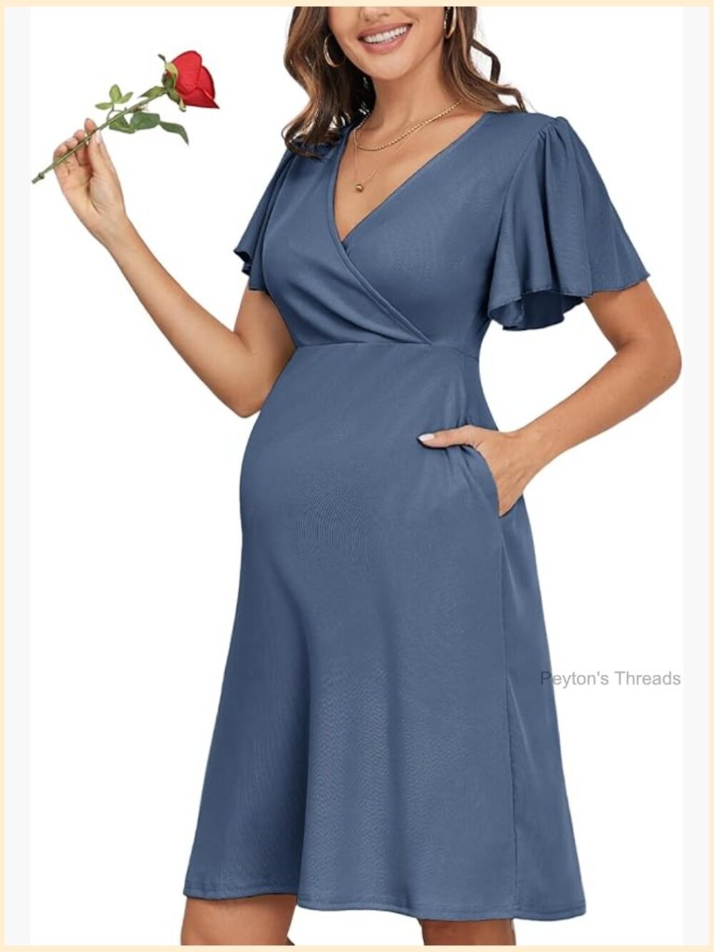 Summer Maternity Nursing Dress with Pockets Ruffle Sleeves A-Line Midi